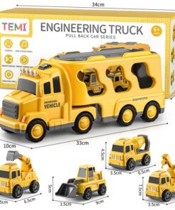 TEMI Construction Truck Toys for 3 4 5 6 Year Old Boys Girls 5-in-1 Friction Power Vehicle Car Carrier Truck Toys for Kids 3-5, Christmas Birthday Gifts