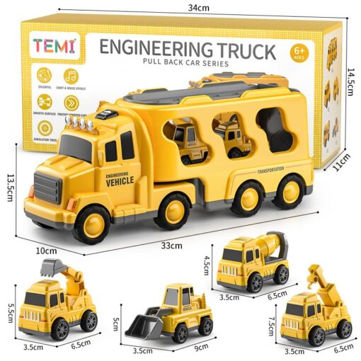 TEMI Construction Truck Toys for 3 4 5 6 Year Old Boys Girls 5-in-1 Friction Power Vehicle Car Carrier Truck Toys for Kids 3-5, Christmas Birthday Gifts