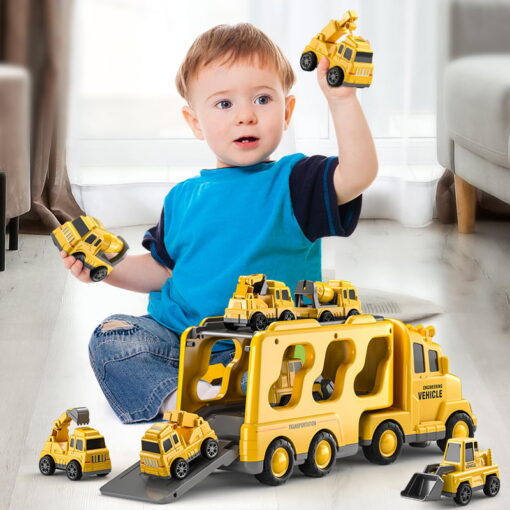 TEMI Construction Truck Toys for 3 4 5 6 Year Old Boys Girls 5-in-1 Friction Power Vehicle Car Carrier Truck Toys for Kids 3-5, Christmas Birthday Gifts