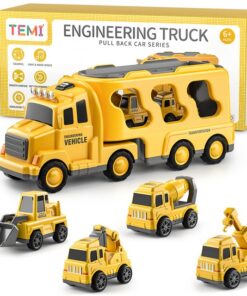 TEMI Construction Truck Toys for 3 4 5 6 Year Old Boys Girls 5-in-1 Friction Power Vehicle Car Carrier Truck Toys for Kids 3-5, Christmas Birthday Gifts