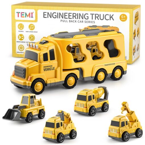 TEMI Construction Truck Toys for 3 4 5 6 Year Old Boys Girls 5-in-1 Friction Power Vehicle Car Carrier Truck Toys for Kids 3-5, Christmas Birthday Gifts