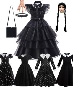 Black Gothic Wednesday Addams Cosplay Halloween Parties Dresses for Girls